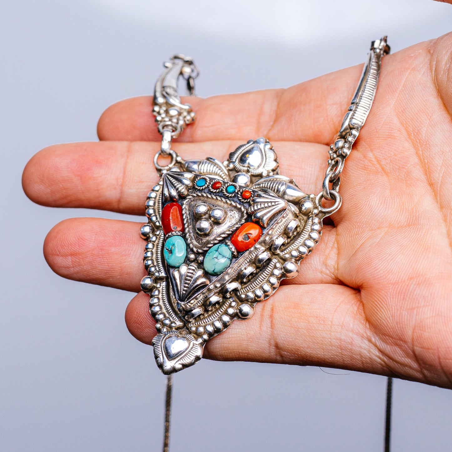 Tibetan Turquoise, Red Coral Necklace 22 to 23" (.925 Sterling Silver)