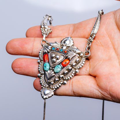 Tibetan Turquoise, Red Coral Necklace 22 to 23" (.925 Sterling Silver)