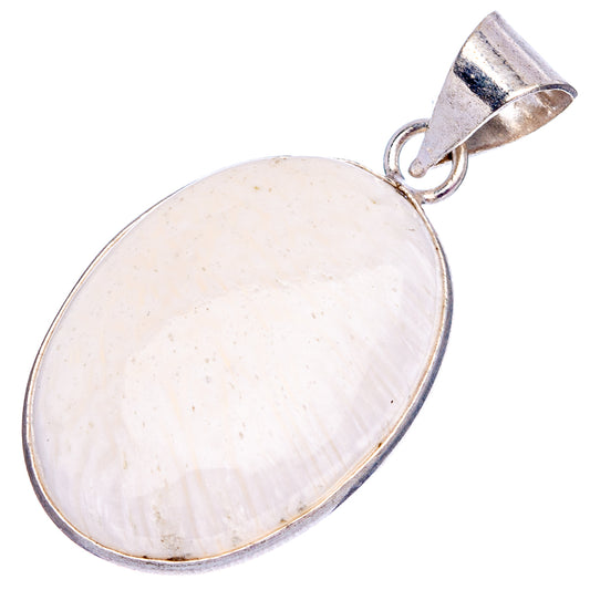 Oval scolecite pendant with white stone and silver-plated bezel and bail, full view