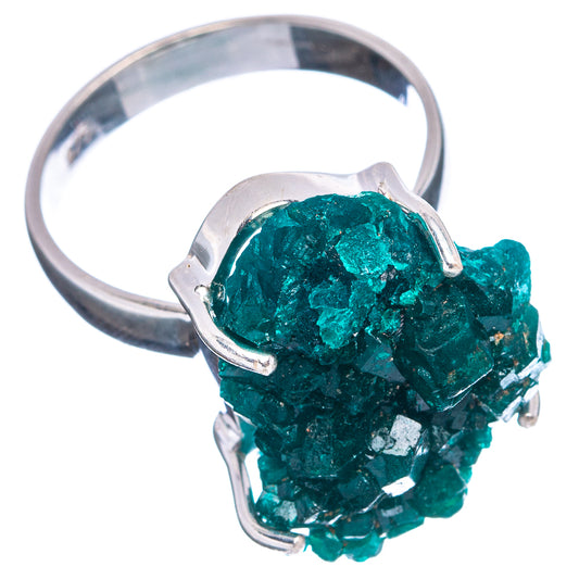 Sterling silver dioptase ring, dark green cluster stone in three open prongs, size 8