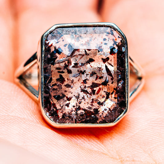 Size 9.5 .925 sterling silver ring with faceted copper-brown lepidocrocite stone, front view
