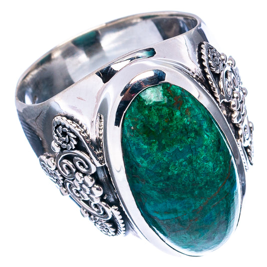 Oval green chrysocolla gemstone set in sterling silver ring with raised filigree sides