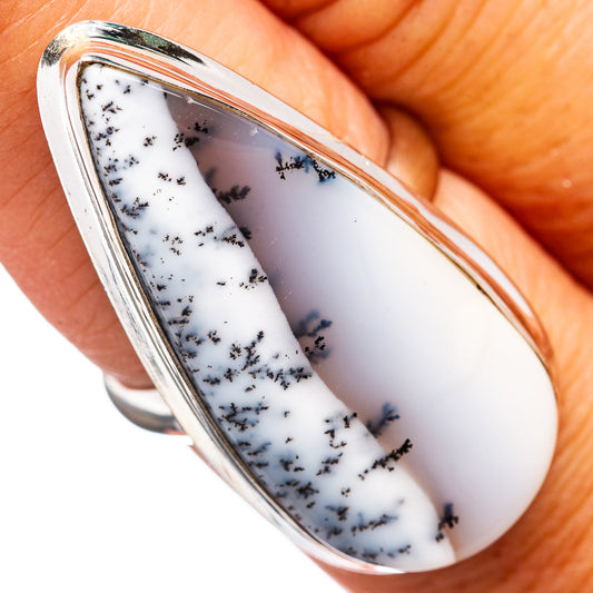 Sterling silver teardrop opal ring with dark dendritic inclusions on white stone