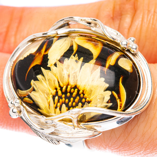 Amber Intaglio SunFlower Ring Size 6 Adjustable (925 Sterling Silver) R3810
