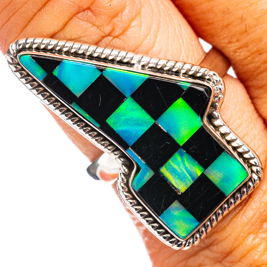 Sterling silver ring with black opal mosaic lightning-bolt stone and rope-edge bezel