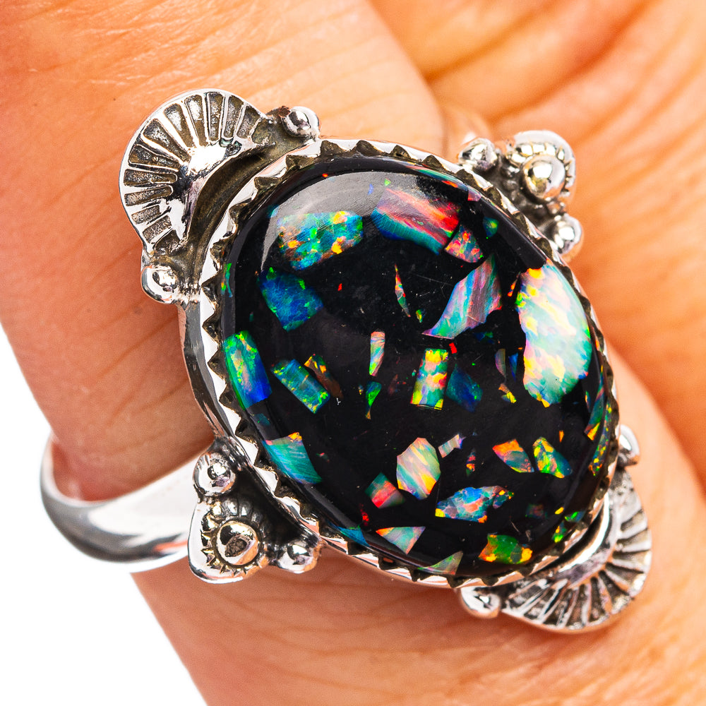 Southwestern Style Mosaic Opal Ring Size 9 Adjustable (.925 Sterling Silver)