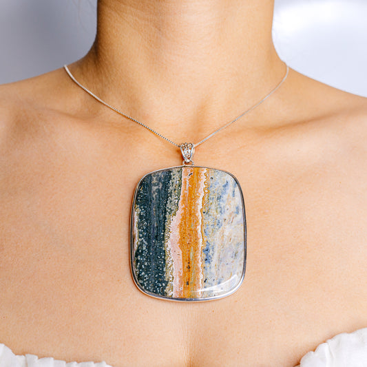 Sterling silver ocean jasper pendant, large square bezel with multicolor striped stone