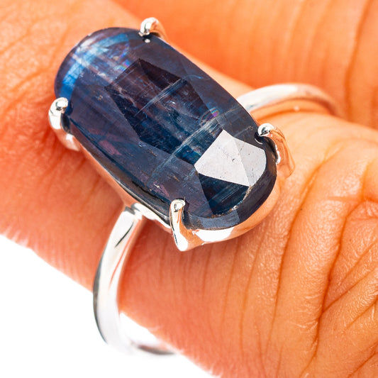 Size 7 .925 sterling silver kyanite ring, faceted blue gemstone prong-set