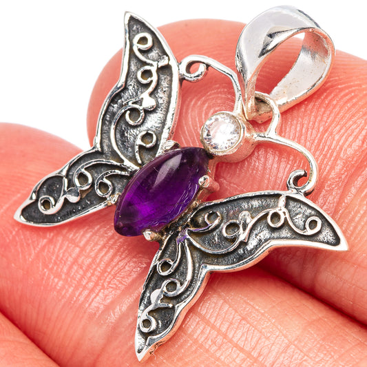 Amethyst, White Quartz Butterfly Dainty Pendant 1" (925 Sterling Silver) P43543