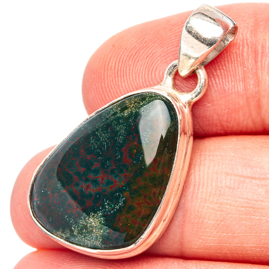 Teardrop bloodstone pendant in sterling silver, green with red speckles, close-up bail