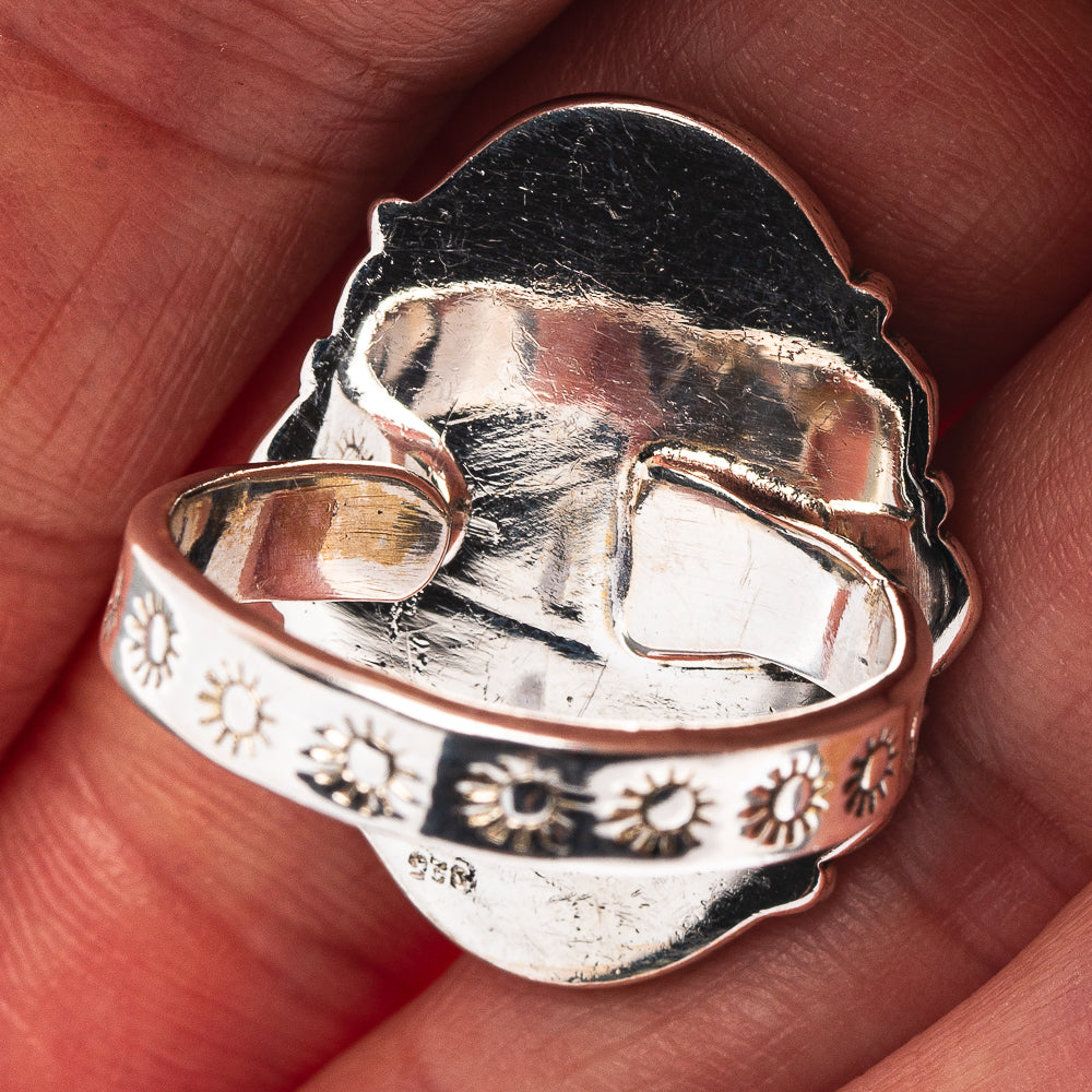Sterling silver ring back with decorative stamping and small sunburst engravings