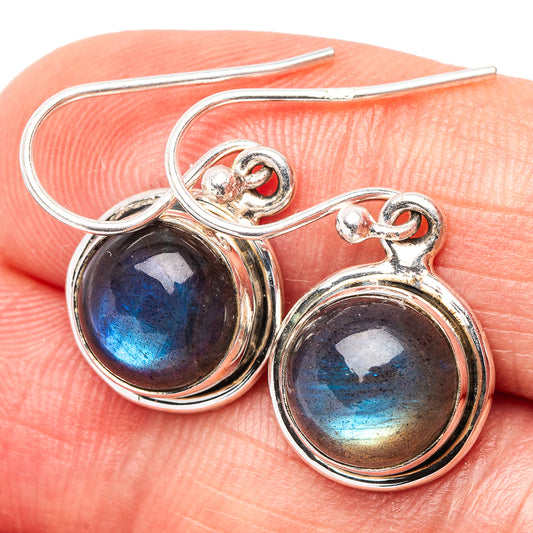 Labradorite earrings in .925 sterling silver with round bezel and blue flash drops