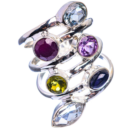 Large Blue Topaz, Ruby, Amethyst, Peridot, Black Onyx, White Quartz Ring Size 7.5 (925 Sterling Silver) R143047