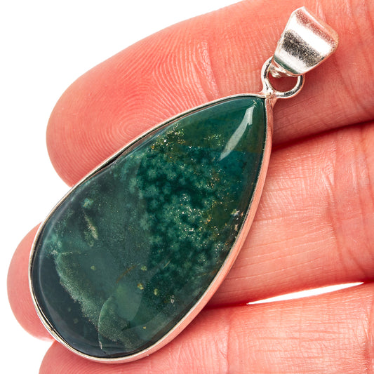 Ocean Jasper teardrop pendant, green stone in silver-plated bezel with loop bail