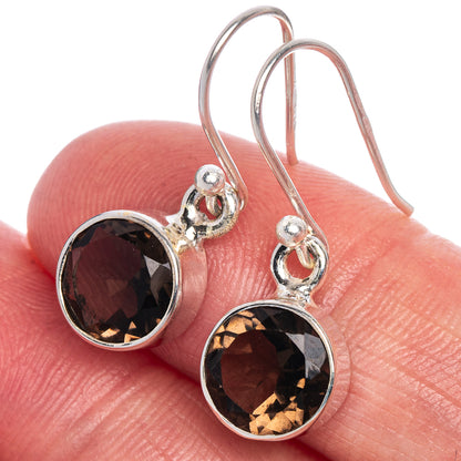 Round smoky quartz drop earrings in 925 sterling silver, dark faceted stones