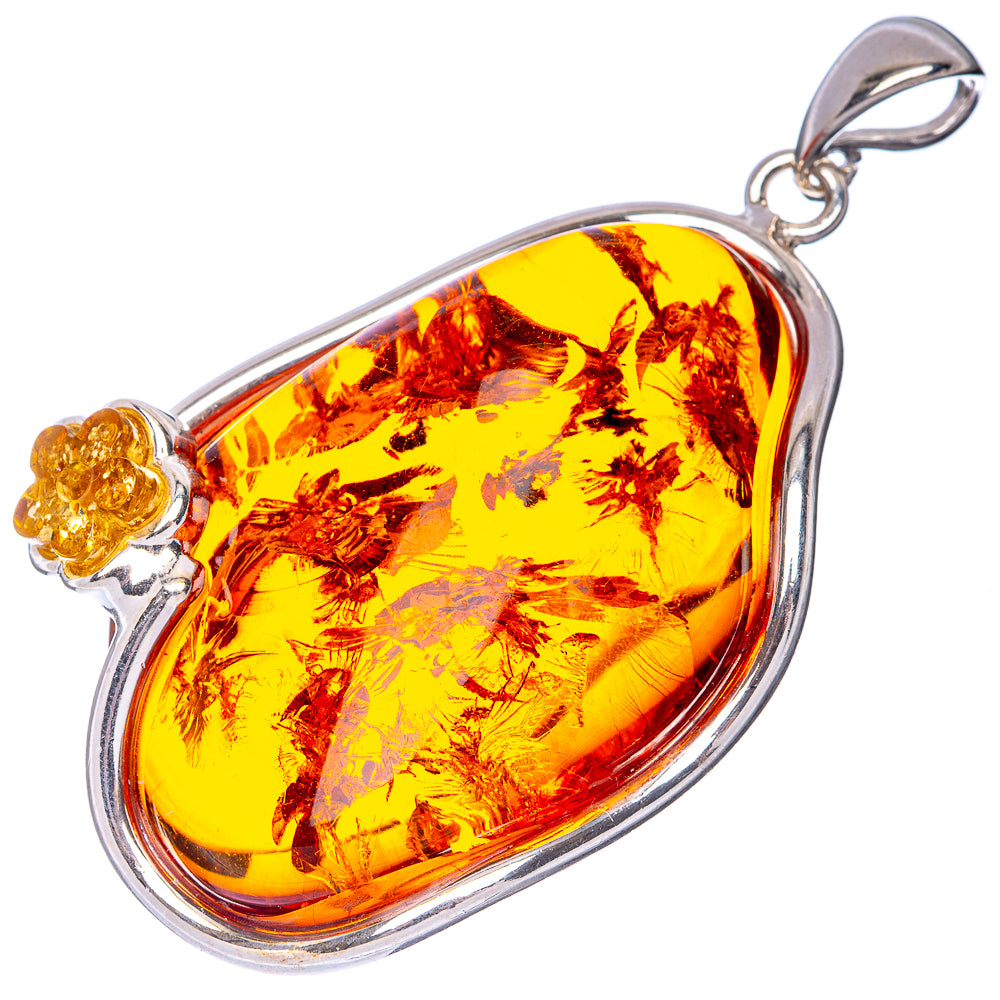 Sterling silver teardrop Baltic amber pendant with round bail and gold-toned detail