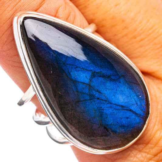 Labradorite ring, teardrop blue flash, size 10.25, .925 sterling silver.