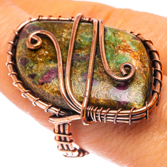 Oxidized copper wire ring with large oval green fuchsite cabochon and red flecks on band