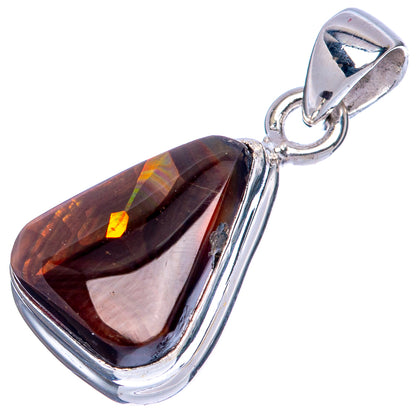 Sterling silver fire agate pendant with elongated teardrop dark-brown gem and orange flash