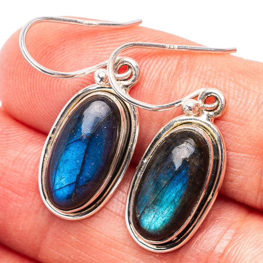 Close-up oval labradorite earrings, .925 sterling silver, vivid blue flash stones