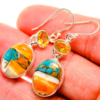 Spiny Oyster Turquoise, Citrine Earrings 1 3/4" (925 Sterling Silver) EARR432025