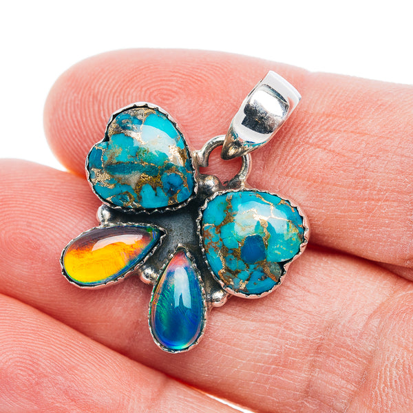 Premium Blue Copper Turquoise, Opal Butterfly Pendant 1 1/8" (.925 Sterling Silver)