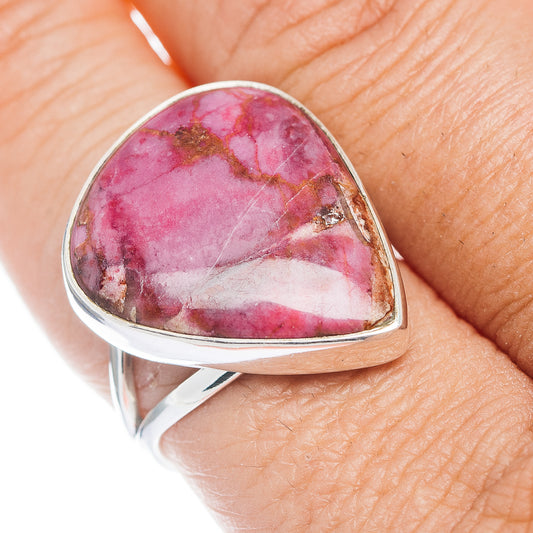 Sterling silver teardrop cabochon ring with pink cobalto calcite stone, size 9.5