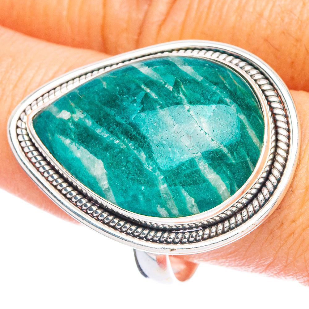 Large sterling silver ring with oval teal amazonite gemstone and braided border