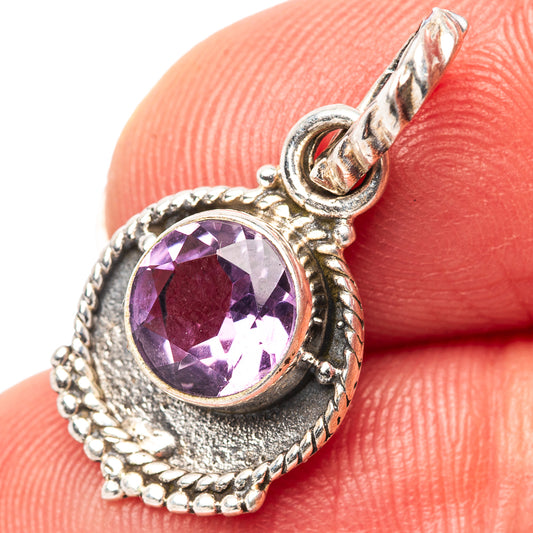 Amethyst pendant in .925 sterling silver, round faceted purple gemstone in ornate frame