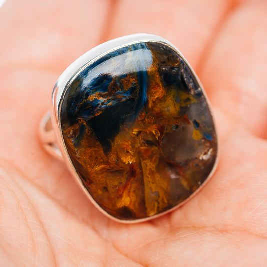 Pietersite oval cabochon ring in .925 sterling silver, blue and amber swirls