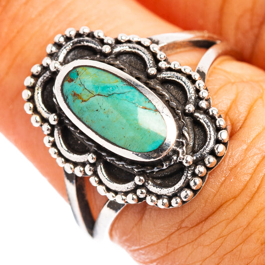 Turquoise oval sterling silver ring with beadwork border, size 6.75
