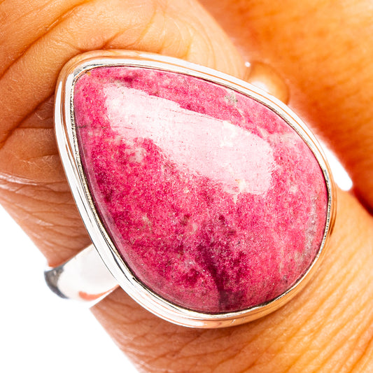 Pink thulite cabochon sterling silver ring with teardrop bezel setting