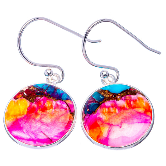 Sterling silver dangle earrings with round multicolor turquoise-pink cabochons on hooks