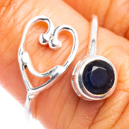 925 sterling silver heart ring with dark blue round quartz in bezel setting