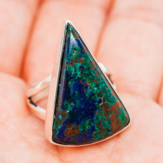 Sterling silver ring with tall teardrop azurite stone, tapered silver bezel