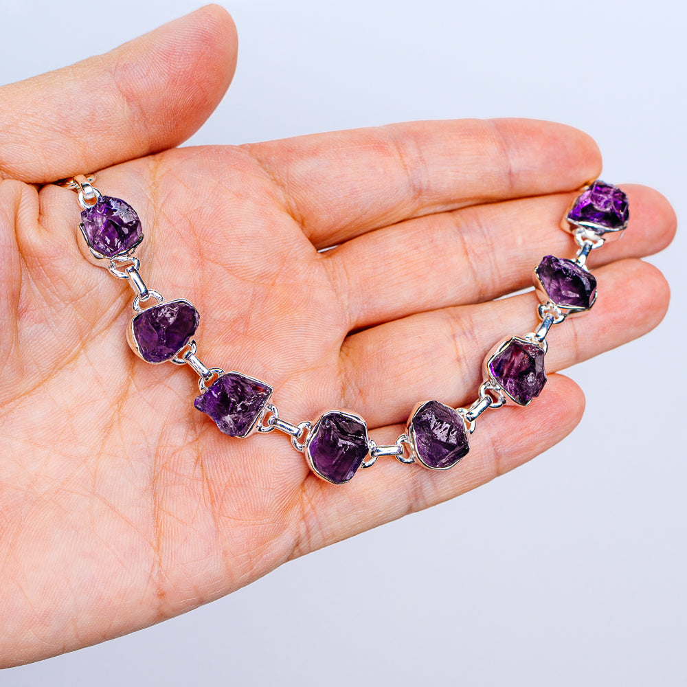 Raw Amethyst Bracelet 7 to 8" (.925 Sterling Silver)