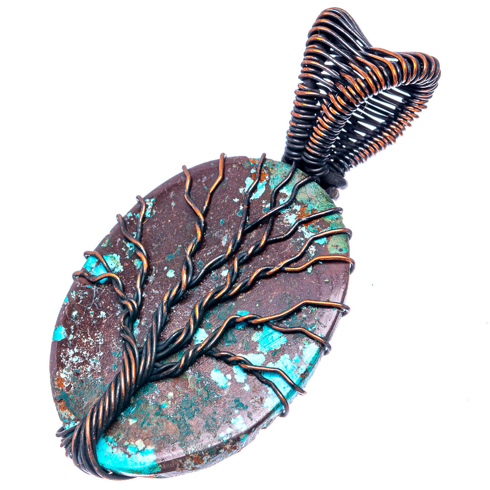 Oxidized copper Tree of Life pendant with turquoise patina inlay and spiral bail