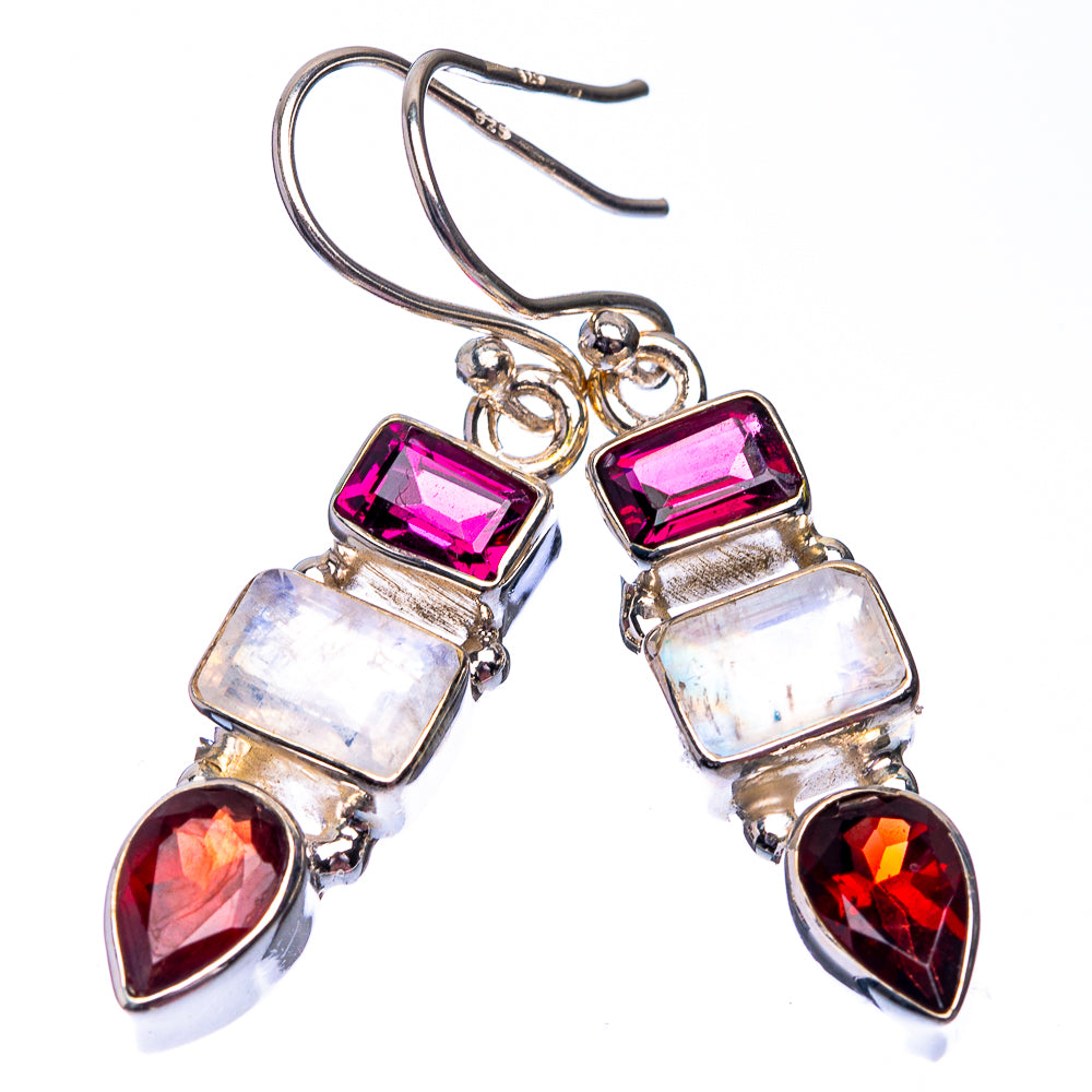 Rainbow Moonstone, Garnet, Pink Quartz Earrings 1 1/2" (925 Sterling Silver) E432380
