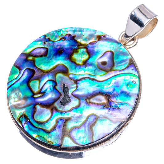 Round abalone shell pendant with silver rim and bail, bright aqua blue iridescence