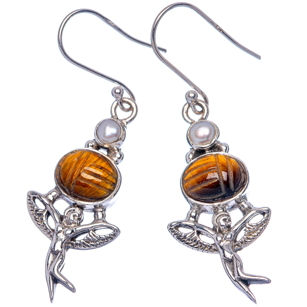 Tiger Eye, Cultured Pearl Earrings 2" (925 Sterling Silver) E433179