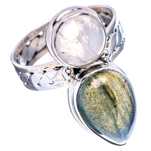 Sterling silver double-stone ring with milky moonstone and green-blue labradorite oval