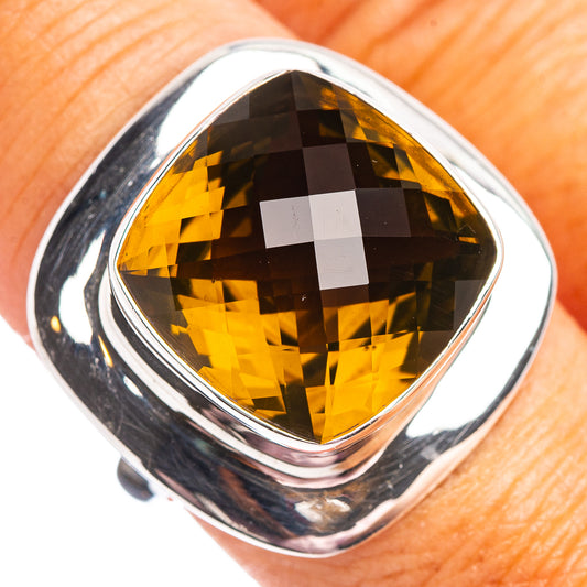 Faceted quartz ring in .925 sterling silver, amber cushion-cut gemstone