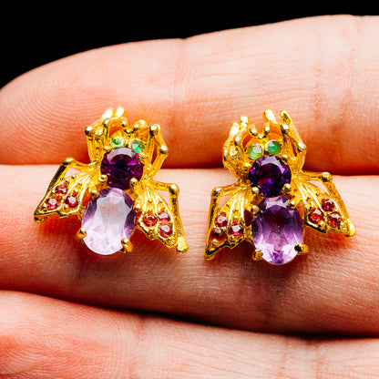 Amethyst, Rhodolite Garnet, Emerald Bee Earrings 3/4" (.925 Sterling Silver) 24k Gold Plated
