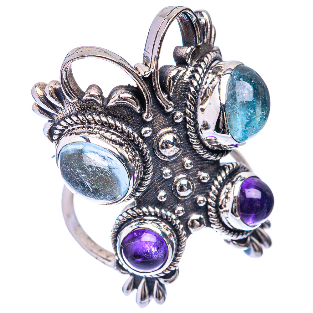 Sterling silver statement ring with aquamarine blue and amethyst purple bezel stones