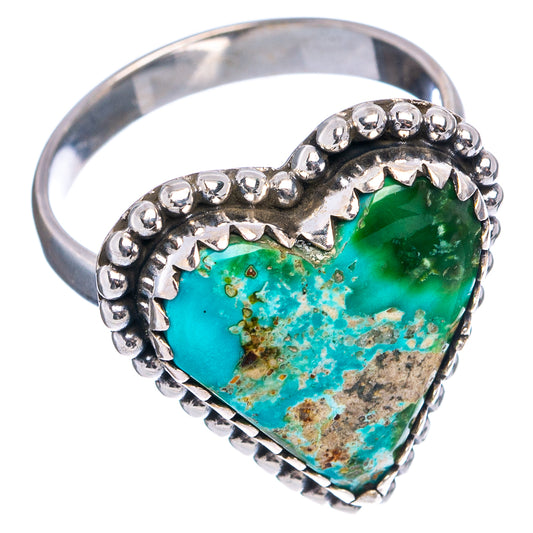 Side view of heart turquoise ring with green-blue stone and beadwork sterling silver band