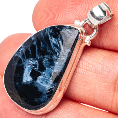Sterling silver pietersite teardrop pendant with open bail, blue-black stone bezel