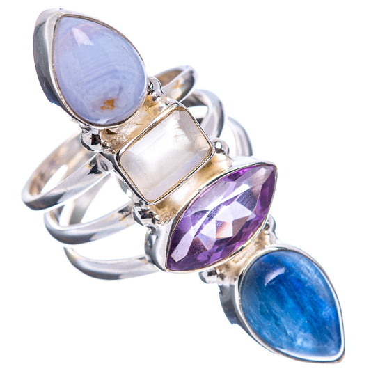Sterling silver gemstone ring, moonstone and amethyst with blue lace agate oval