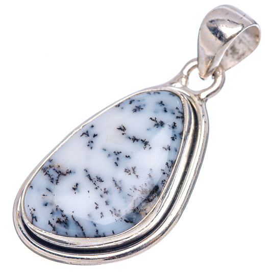 Dendritic opal pendant in .925 sterling silver, elongated teardrop with blue-white dendrites