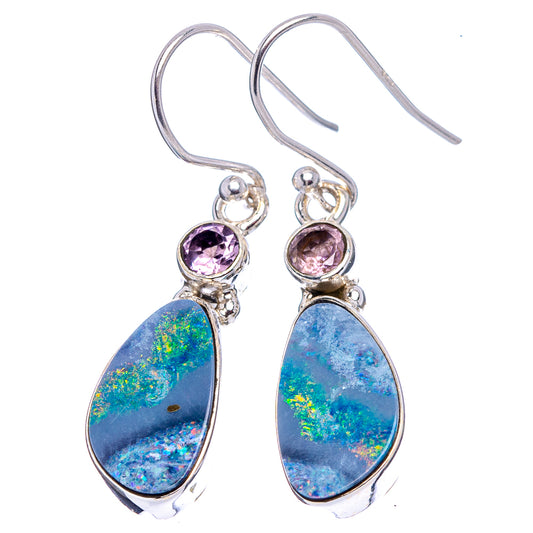 Sterling silver drop earrings with amethyst round stones and blue opal doublet teardrops