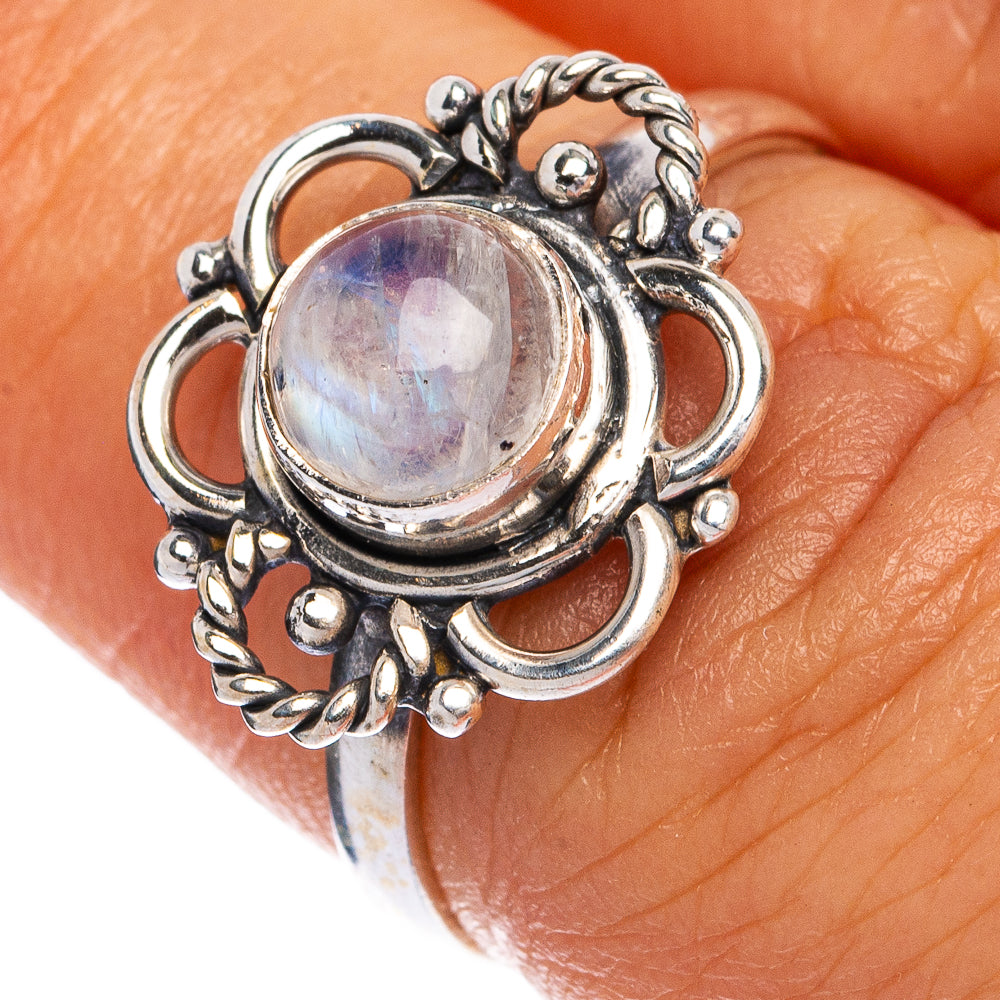 925 sterling silver dainty ring with round rainbow moonstone cabochon, ornate setting